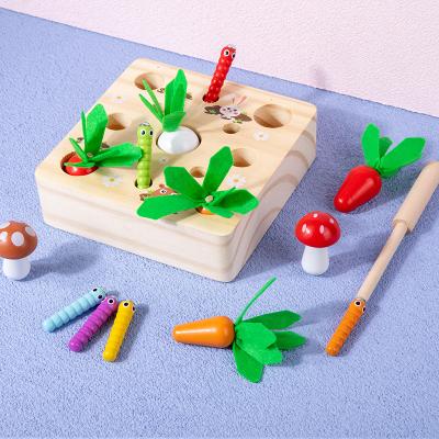 China Baby Three In One Early Education Radish Picking Mushroom Insect Pull Catching Game Children Wooden Puzzle Toy Hj1271 for sale