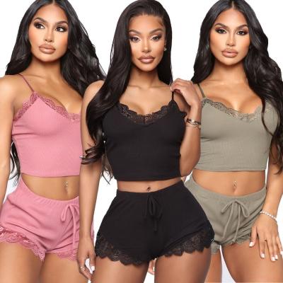 China 2022 Women Summer 2pc Sexy Pajamas Breathable Lace Sleepwear Sets Women Cotton Knit 2 Piece Womens Tank Top Lounge Wear Sets Pajama Set for sale