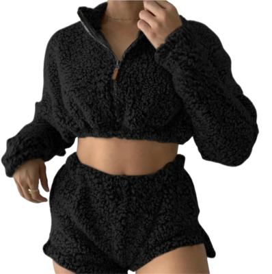 China 2022 Plus Size Women Clothing Loungewear Long Sleeve Pullover Comfy QUICK DRY Zipper Sweatshirt Short Pants Set Fuzzy Two Piece Short Set for sale