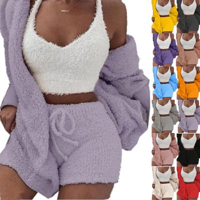 China QUICK DRY Fall Cozy Cozy Set Fleece Casual Comfortable 3 Piece Loungewear Set Hooded Robe Crop Tank Top Shorts Lounge Wear Sets Women for sale