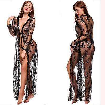 China Sexy lingerie floral Mesh See Through Long Sleeved nightgown wholesale QUICK DRY lace up nightgown with thong lingerie night dress for sale