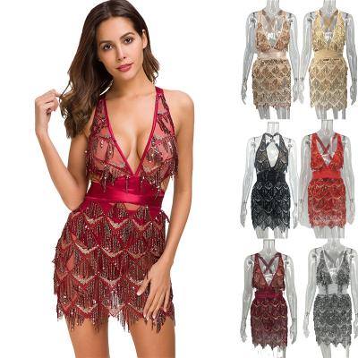 China 2022 beaded mesh dress women dresses sequin mesh dresses washable sexy see-through casual wear new by style for sale