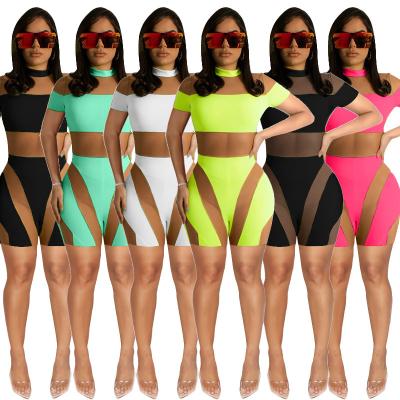 China Factory Price QUICK DRY Transparent Mesh Two Piece Set Women Ladies Tracksuit Biker Shorts Sets Women for sale