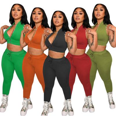 China 2022 New Arrivals QUICK DRY Two Piece Crop Top Pants Set Women 2pc Clothes 2 Piece Zipper Cropped Tank Top And Sweatpants Sets for sale