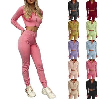 China 2022 Wholesale Custom Logo Solid Color Women Long Sleeve Sportswear QUICK DRY Thin Tracksuits Crop Top Hoodie Knitted Two Piece Set for sale