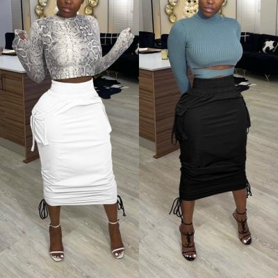 China Workable Drawstring Ruched High Waist Midi Skirt Length Women's Skirts Women's Sexy Casual White Black Fashion Midi Skirt for sale