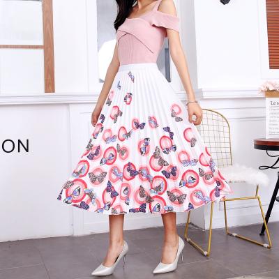 China New Design Women's Empire Polyester Anti-Static Cartoon Print Skirts Fashion Butterfly Floral Elastic Waist Pleated Skirt for sale