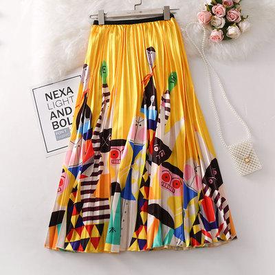 China Women's Empire Polyester Anti-static Floral Printing Skirts Fashion Cartoon Elastic Waist A-Line Pleated Skirt for sale