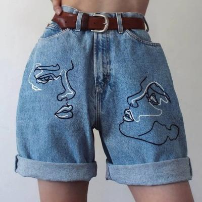 China 2021 Jean Shorts Women Summer Viable Blue Abstract Vintage Print Face Loose Cargo Pants With Joggers Pocket Denim Female Streetwear New for sale