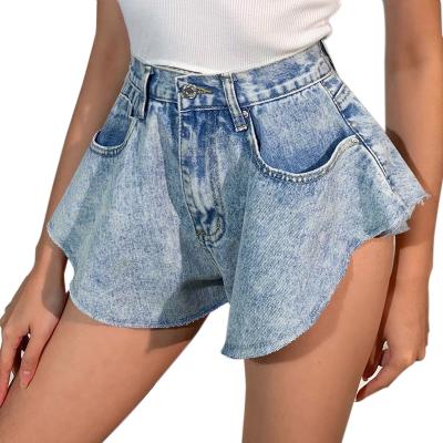 China Breathable Women Irregular Loose Balanced Denim Wool Button Shorts Ruffled High Waist Flared Jean Pants For Woman for sale