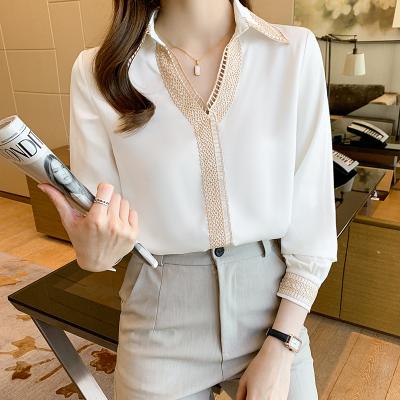 China Viable Autumn Women Long Sleeve White Blouse Shirt Tops Blusas Mujer De Moda Women V-Neckline Chiffon Blouse Shirt Women E685 for sale