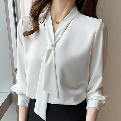 China White Women Blusas Mujer De Moda 6906 Viable Long Sleeve V-Neck Bow Chiffon Blouse Shirt Women Tops Blouse for sale