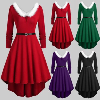 China Hot Christmas Dress Women Christmas Dress Santa Costume Long Sleeve V Neck Irregular Plush Vestidos Viable Fashion for sale