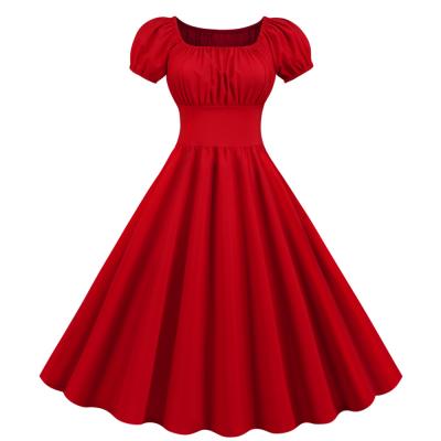 China Vintage Red Color 50s 60s Dress Women Workable Solid Short Sleeve Square Midi Dress Elegant Summer Office Party Dresses Belt for sale