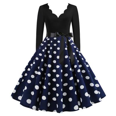 China Viable Women's Long Sleeve Vintage Polka Dot Dress Pin Up Gothic Polka Dot Dress Spring Winter New Year 3XL Black Vestidos Maxi Dress for sale