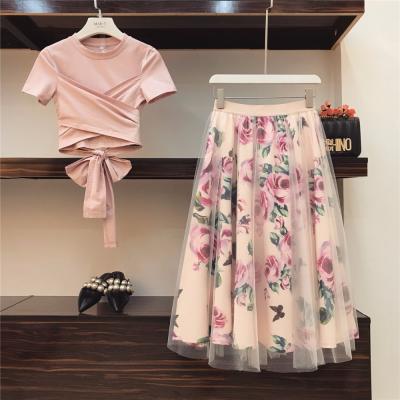 China Viable Women Irregular Floral T-shirt Top + Mesh Skirts Suits Bowknot Solid Vintage Floral Skirt Sets Elegant Woman Two Piece Set for sale