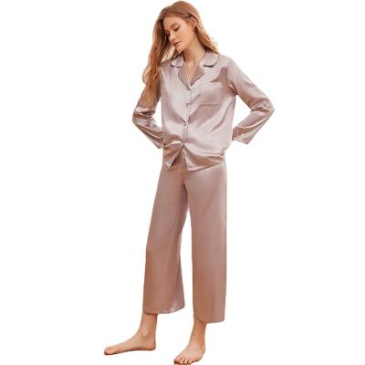 China QUICK DRY Autumn Spring Long Dress Pants V Collar Pajamas Suits Satin Home Dress Casual Thin Silk Pajamas Two Sets Women for sale