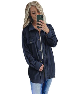 China Breathable Ladies Loose Casual Long Sleeve Jacket Lapel Solid Color Single Breasted Double Pocket Front Ladies Jacket for sale