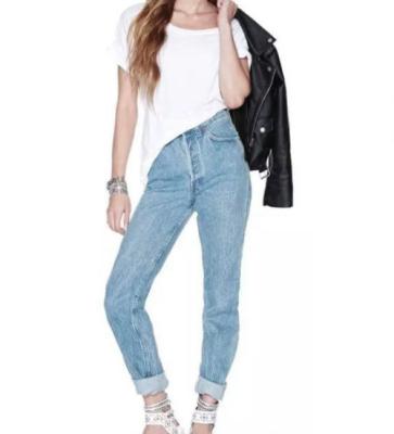 China Double Side Zipper Pocket Women's Straight Denim Pants QUICK DRY Casual Button Waist Women's Denim Knickers for sale