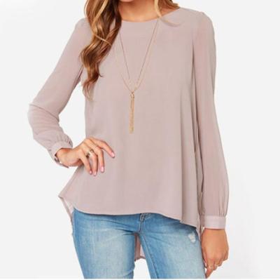 China Anti-Wrinkle Women's Solid Color Chiffon Shirt Slim Top Casual Long Sleeve Round Neck Back Pleated Women's Shirt Tops for sale