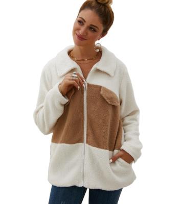 China Small Teddy Wool Warm Stitching Full Pocket Ladies Double Lapel Pocket Ladies Casual Plush Jacket Zipper Breathable Coat for sale