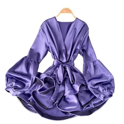 China Anti-Static Celebrity Style Women's High End Satin Texture Lantern Sleeve Ruffle Dress for sale