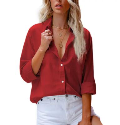 China Pocket Front Lapel Solid Color Women's Casual Cardigan Anti-Pilling Long Sleeve Straight Blouse for sale