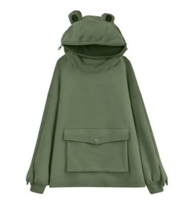 China Handsome Frog Anti-Wrinkle Women's Long Sleeve Sweater Hoodie Loose Casual Pocket Flap Zipper Women's Hooded Sweater for sale