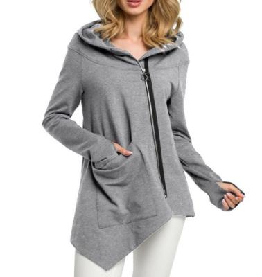 China Casual Women's Sweater Jacket Pocket Anti-wrinkle Long Sleeve Zipper Cardigan Hooded Irregular Sweatshirt Jacket for sale