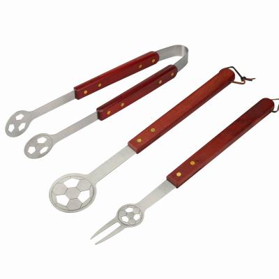 China New Outdoor BBQ Soccer Shape 3pcs BBQ Tool Kit Fork Spatula Tongs Barbecue Tool Kit for sale