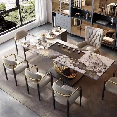 China OEM extendable colorful agglomerated stone coffee table/tea table top table with special stainless steel gold base for sale