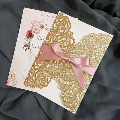 China Europe Gold Rose Sprinkle Laser Cut Greeting Card +Blank White Pearl Sheet+ Blank Envelope+ White Ribbon for sale