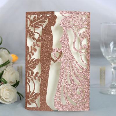 China Europe Rose Gold Glitter Couple Laser Cut Card For Wedding Party Bridal Shower for sale