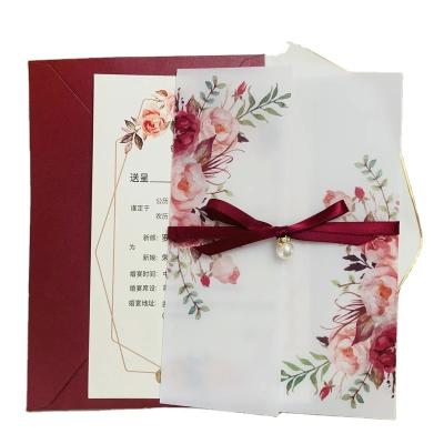 China Europe printed flower vellum envelope for wedding bridal shower party invitation cards with ribbon and rhinestone pearl envelope for sale