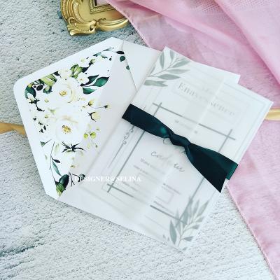 China Europe Single Fold Clear Envelope With Bow For Wedding Invitation Flower Printed Lined Envelope Vellum Cards for sale