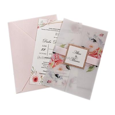 China Europe Customized Printing Party Wedding Invitation With Blush Pink Envelope Design With Vellum Sleeve Wedding Cards Paper for sale