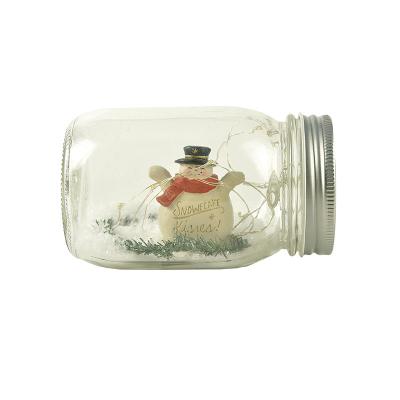 China New Europe Custom Design Personalized Cute Polyresin Decor Snowman In 500ml Glass Jar With LED Fairy Lights for sale