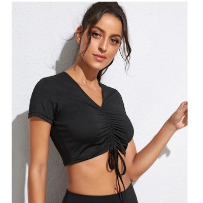 China 2022 new summer style cotton casual women's t-shirts drawstring crop top sport vintage elastic top short hot QUICK DRY yoga for sale