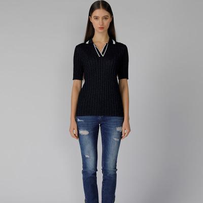 China Anti-pilling women's black knitted slim fit polo shirt for sale