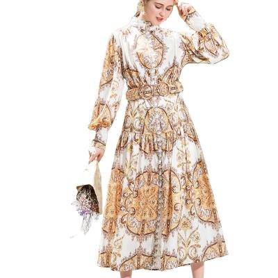 China Nan-Tchang Auyan Yellow Gold Lantern Sleeve Holiday Holiday Dress Women Anti-static Causal Printed Sportswear Dress for sale