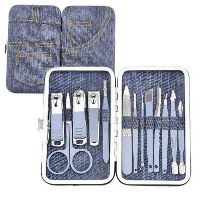 China High Quality Finger Nail+foot Care Manicure Pedicure Kit, Professional Make Up Grooming Set, Nail Clipper Tools with Luxurious Denim Cover Case, 13 in 1 for sale