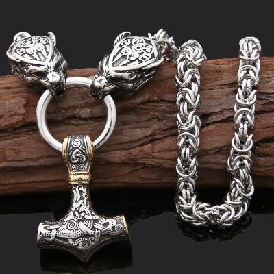 China New Norse Viking Amulet Thor Mjolnir King Fashion Chain Stainless Steel Wolf Head Necklace for Men for sale