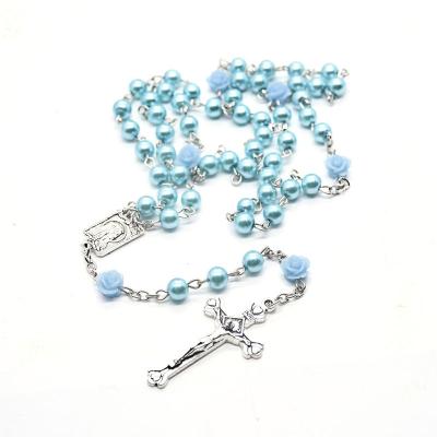 China 2021 New FASHIONABLE Medal Cross Crucifix Silver Tone Rosaries Light Blue Pearl Flower Beads Catholic Rosary Necklace for sale