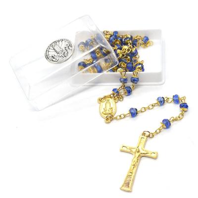 China New Fashion TRENDY Gold Plated Mystery Crystal Bead Fatima Deep Blue Rosary Beads Catholic Cross Necklace for sale