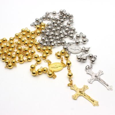 China Christian Religion Gold Plated 6mm Hot Selling CLASSIC Copper Bead Rosary Cross Pendant Necklace for sale