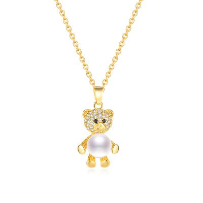 China New Fashionable Gold Plated Clavicle Chain Zircon Bear Pearl Teddy Necklace Pendant CLASSIC for sale