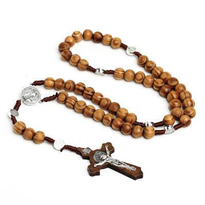 China FASHIONABLE Hot Selling Holy Handmade Wooden Bead Rosary Necklace for Men with St Benedict Crucifix Cross for sale