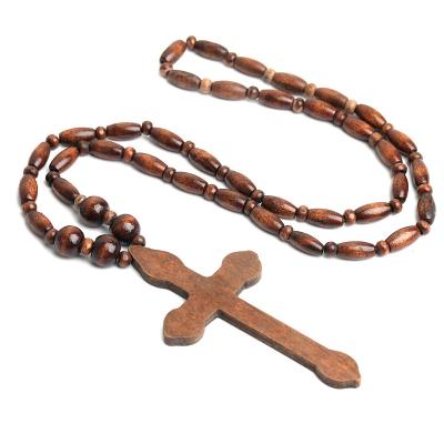 China Hip Hop TRENDY Catholic Religious Wooden Beads Large Cross Pendant Necklace for Men for sale