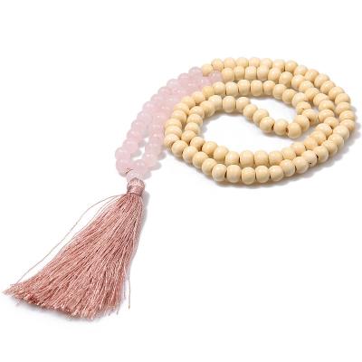 China FASHIONABLE European American Natural 8mm Stone Wood Beads Ethnic Tassel Necklace Wooden Women for sale