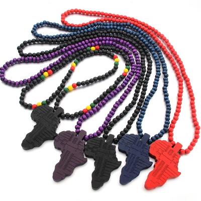 China FASHIONABLE Natural Wooden African Map Bead Chain Necklace Hip Hop Pendant Necklace For Men for sale